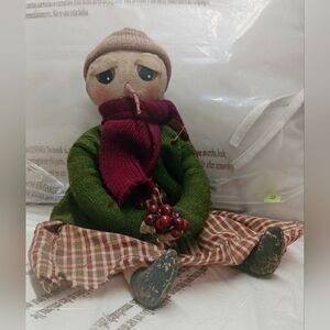 Rustic Fabric Doll with Plaid Dress and Knit Accessories Merry Tag